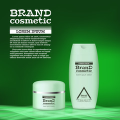 3D realistic cosmetic bottle ads template. Cosmetic brand advertising concept design with abstract glowing waves