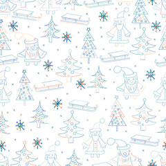Fototapeta na wymiar Seamless Christmas background. Hand drawn pattern with Santa Claus, fir trees, snowflakes, sledge.