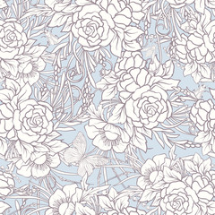 Floral seamless pattern with butterflies and bees in realistic botanical style.  Stock vector illustration. In vintage blue colors