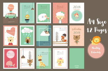 Colorful cute monthly calendar 2018 with whale,tree,monkey,fox,sheep,cat,giraffe,lion and bear.Can be used for web,banner,poster,label and printable