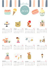 Fototapeta na wymiar Colorful cute monthly calendar 2018 with whale,tree,monkey,cake,fox,girl and squirrel.Can be used for web,banner,poster,label and printable