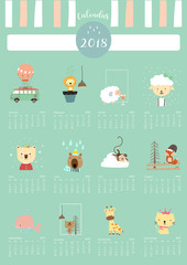 Colorful cute monthly calendar 2018 with whale,tree,monkey,fox,sheep,cat,giraffe,lion and bear.Can be used for web,banner,poster,label and printable