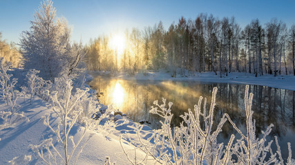утренний зимний морозный пейзаж с туманом и лесом на...