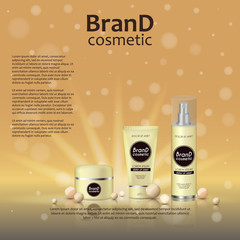 3D realistic cosmetic bottle ads template. Cosmetic brand advertising concept design on glowing background with pearls and sparkles