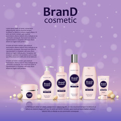 3D realistic cosmetic bottle ads template. Cosmetic brand advertising concept design on glowing background with pearls and sparkles