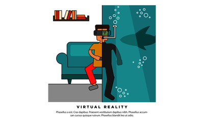 Virtual Reality VR Gaming Underwater (Vector Illustration in Line Art Flat Style Design)