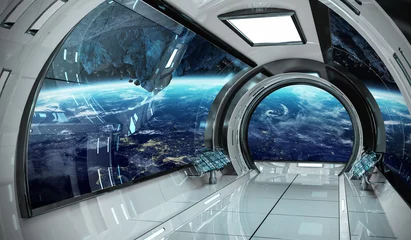 Fototapete Themen Raumschiff-Innenraum mit Blick auf die Erde 3D-Rendering-Elemente dieses von der NASA bereitgestellten Bildes