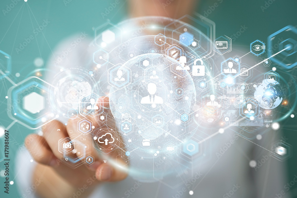 Poster businesswoman using social network interface 3d rendering
