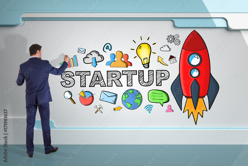 Poster businessman drawing startup sketch on a board 3d rendering