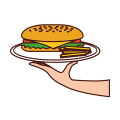 hand holding sandwich in dish french fries menu fast food vector illustration