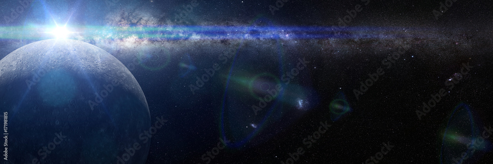 Wall mural sunrise over planet mercury lit by the sun and the milky way galaxy