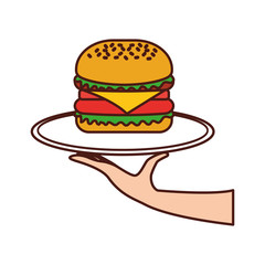 hand holding burger in dish fast food tasty delicious snack lunch vector illustration