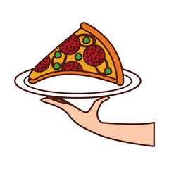 hand holding pizza with cheese pepperoni tasty fast food vector illustration