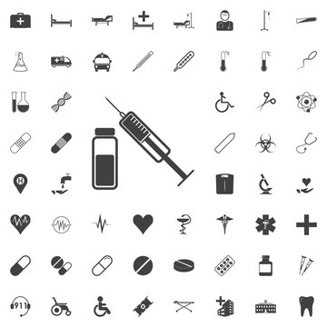 Medical Symbol. Syringe And Vial Icon Black Icon On The White Background Medicine, Medical Set Flat Vector Illustration.
