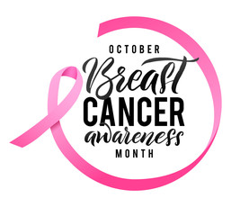 Breast Cancer Awareness Calligraphy Poster Design. Ribbon around letters. Vector Stroke Pink Ribbon. October is Cancer Awareness Month