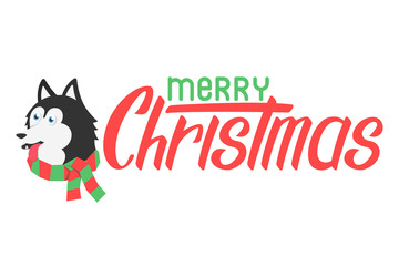 Happy puppy huskay in scarf. Flat dog in scarf with merry christmas lettering for poster
