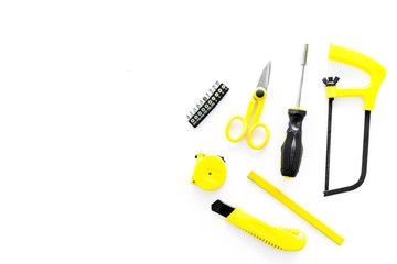 building, painting and repair tools for house constructor work place set white background top view space for text