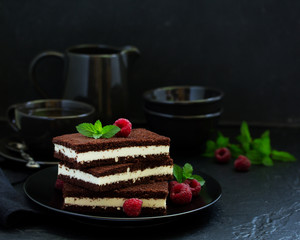 Delicate chocolate creamy cake with raspberries.