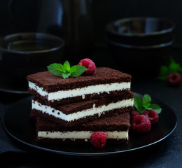 Delicate chocolate creamy cake with raspberries.