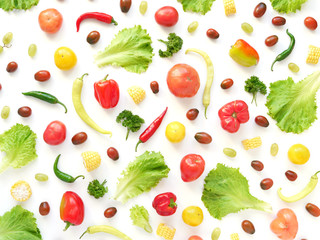 Food collage of fresh vegetables, top view. Corn, pepper, lettuce leaves, tomato isolated on white background. Abstract composition of vegetables. The concept of healthy eating. Food pattern.