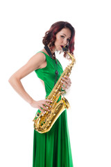 Fototapeta premium woman with saxophone isolated on white