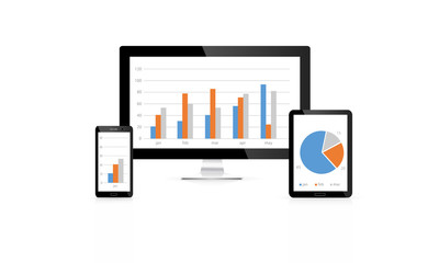 PC monitor and tablet and smart phone on isolated white background width business charts theme illustration