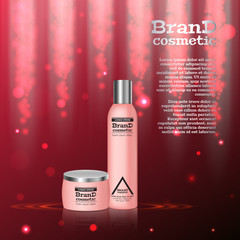 3D realistic cosmetic bottle ads template. Cosmetic brand advertising concept design with glitters and bokeh background