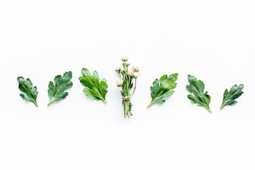 Floral pattern. Muds and leaves on white background top view copyspace