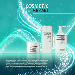 3D realistic cosmetic bottle ads template. Cosmetic brand advertising concept design with glitters and bokeh background