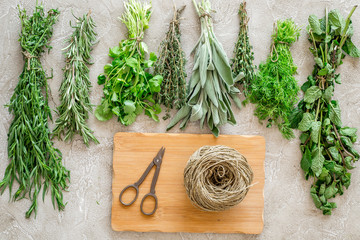 fresh herbs and greenery for spices and cooking on stone desk background top view