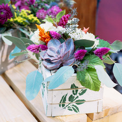 bouquet in a wooden box