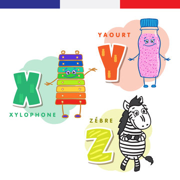 French alphabet. Xylophone, yogurt, zebra. Vector letters and characters