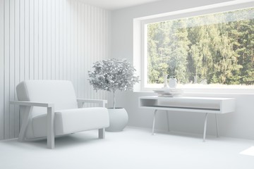 White room with armchair and green landscape in window. Scandinavian interior design. 3D illustration