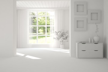 White empty room with summer landscape in window. Scandinavian interior design. 3D illustration