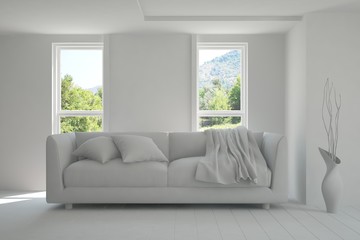 White room with sofa. Scandinavian interior design. 3D illustration