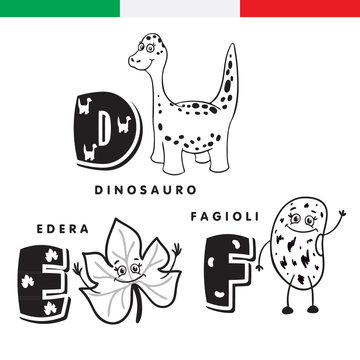 Italian alphabet. Dinosaur, ivy, beans. Vector letters and characters.