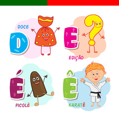 Portuguese alphabet. Candy, question mark, popsicle, karate. The letters and characters.