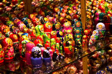 Showcase in the souvenirs shop with slavic nesting dolls.