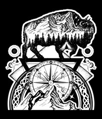Bison and mountains tattoo art. Buffalo bull travel symbol, adventure tourism. Mountain, forest, night sky. Magic tribal bison double exposure animals black background