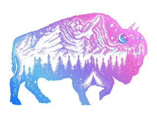 Bison tattoo art. Mountain, forest, night sky. Magic tribal bison double exposure animals. Buffalo bull travel symbol, adventure tourism