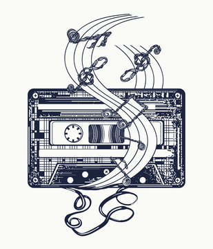 Audio cassette and music notes tattoo and t-shirt design. Symbol of retro music, nostalgia, 80th and 90th. Old audio cassette and music notes, symbol of pop music, disco t-shirt design