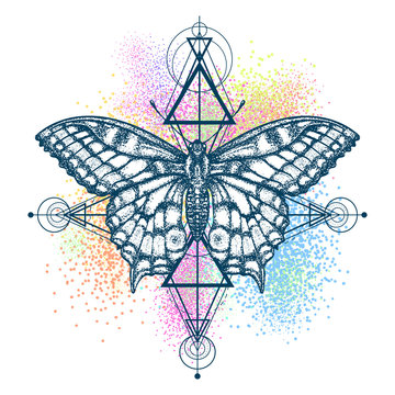 Magic butterfly color tattoo, geometrical style. Beautiful Swallowtail boho t-shirt design. Mystical symbol of freedom, nature, tourism. Realistic butterfly art color tattoo for women