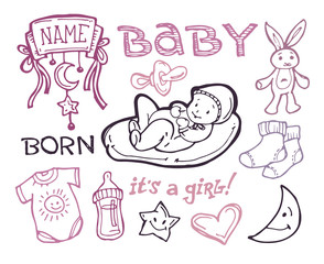 Obraz premium Doodle baby shower design vector illustration, hand drawn baby set. Its a girl.