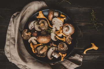 Fresh mixed forest mushrooms on the wooden black table