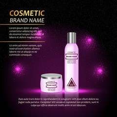 3D realistic cosmetic bottle ads template. Cosmetic brand advertising concept design with abstract glowing lights and sparkles background