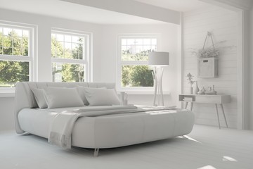 Inspiration of white minimalist  bedroom with summer landscape in window. Scandinavian interior design. 3D illustration