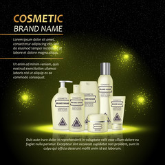 3D realistic cosmetic bottle ads template. Cosmetic brand advertising concept design with abstract glowing lights and sparkles background