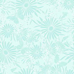 Obraz premium Floral seamless pattern with butterflies and bees in realistic botanical style. Stock vector illustration. In vanilla pastel colors