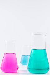 science and clinic background. Chemical and Medical laboratory research.  laboratory beakers with colorful liquids and reagents.  