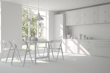 White dinner room. Scandinavian interior design. 3D illustration